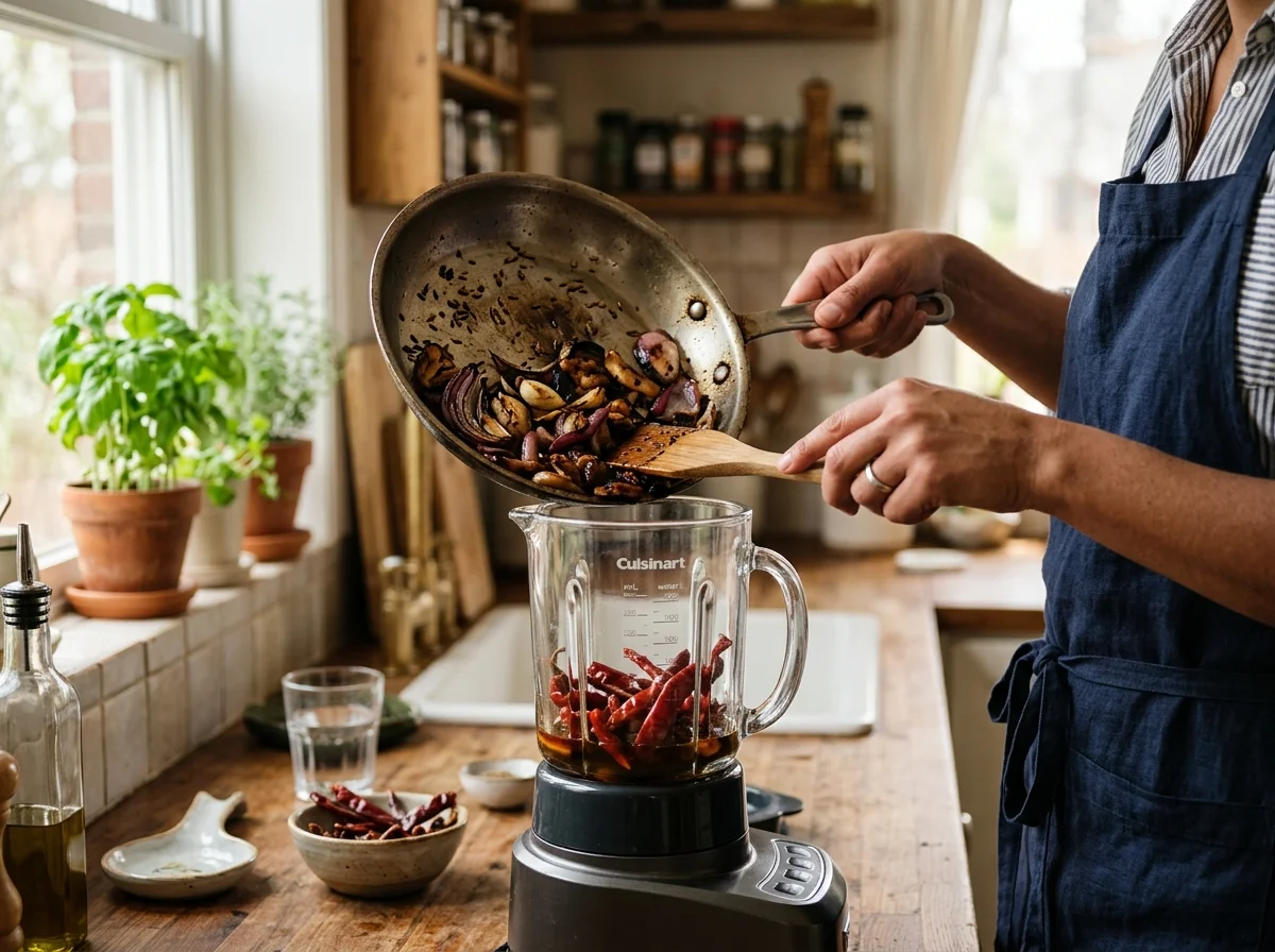 手順4: トマトと玉ねぎを半分に切り、にんにくは皮付きのまま、フライパンで焼く。表面に黒い焦げ目がつくまでしっかり焼く（片面5分ずつ）