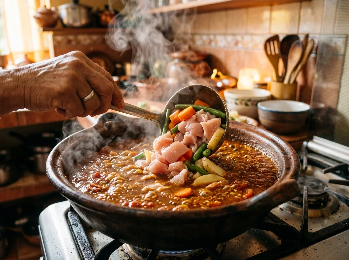 手順7: ソースに水650mlを加え、鶏肉・にんじん・じゃがいも・チャヨテを入れる。蓋をして中火で40分煮込む。最後にいんげんを加えて5分煮込み、塩で味を調えて完成