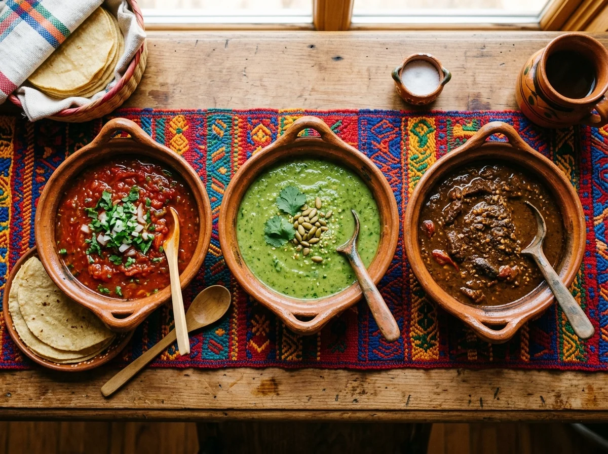 グアテマラの異なるスパイスソース料理が並んでいる