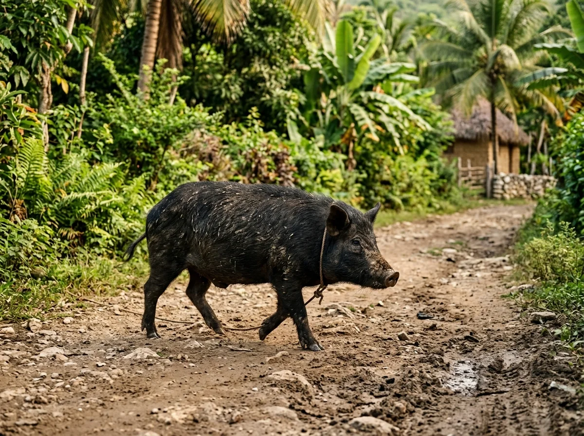 ハイチの田舎道を歩く在来種の黒豚