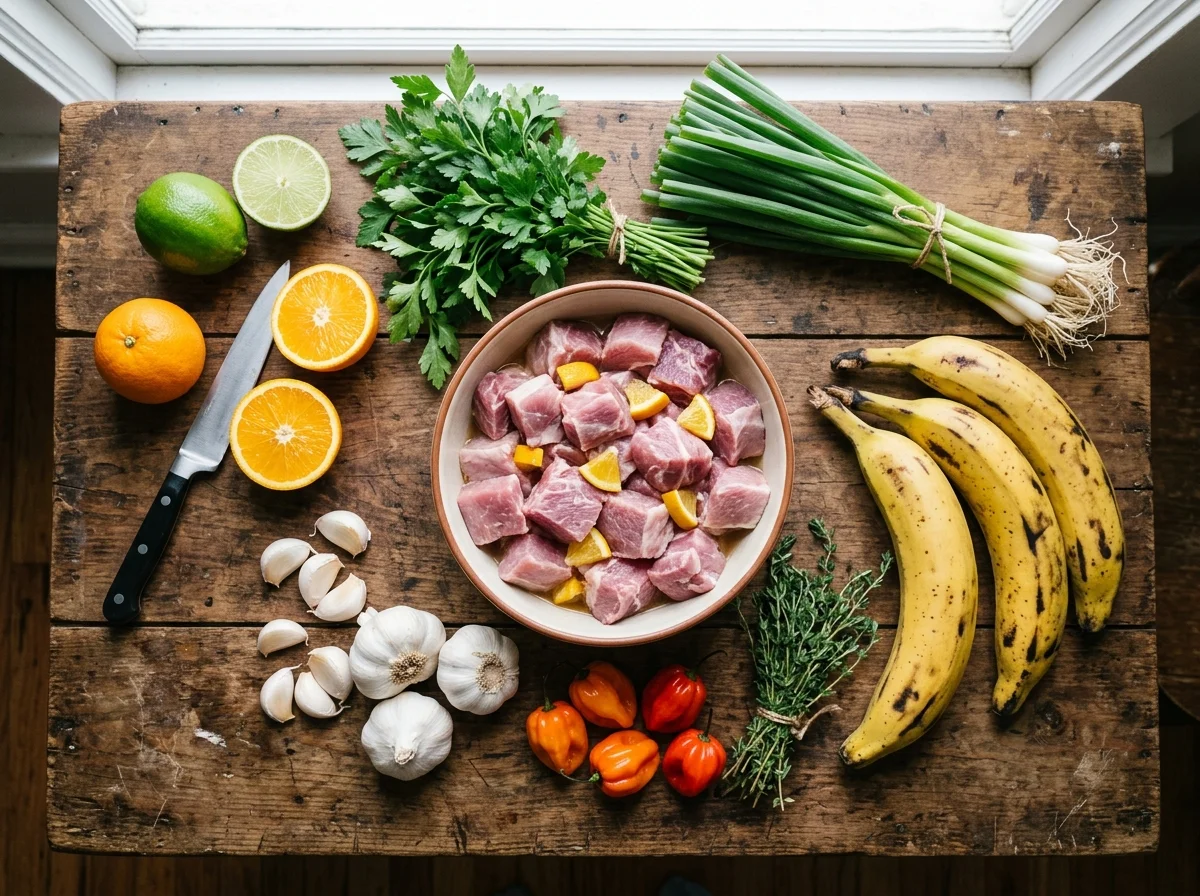 グリオの材料を並べた俯瞰写真。豚肩肉、柑橘類、ハーブ、スパイス