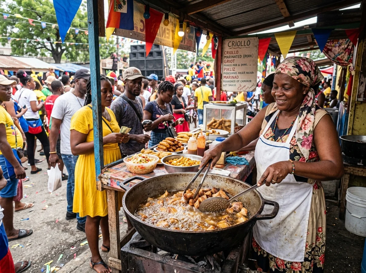 ハイチのカーニバル（ラーラ祭）でグリオが売られている屋台の風景