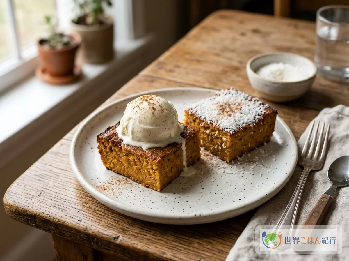 Pen patat baked sweet with sweetened condensed milk, served on a plate with vanilla ice cream