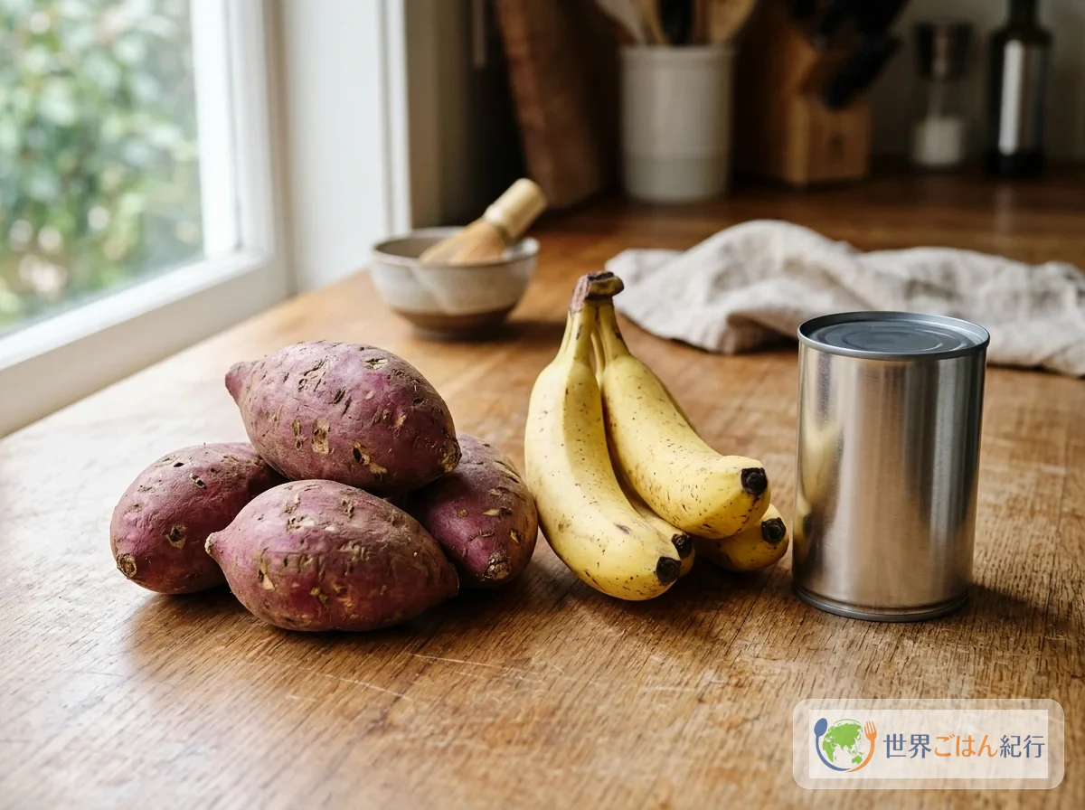 Sweet potatoes, ripe banana, and a can of coconut milk laid out