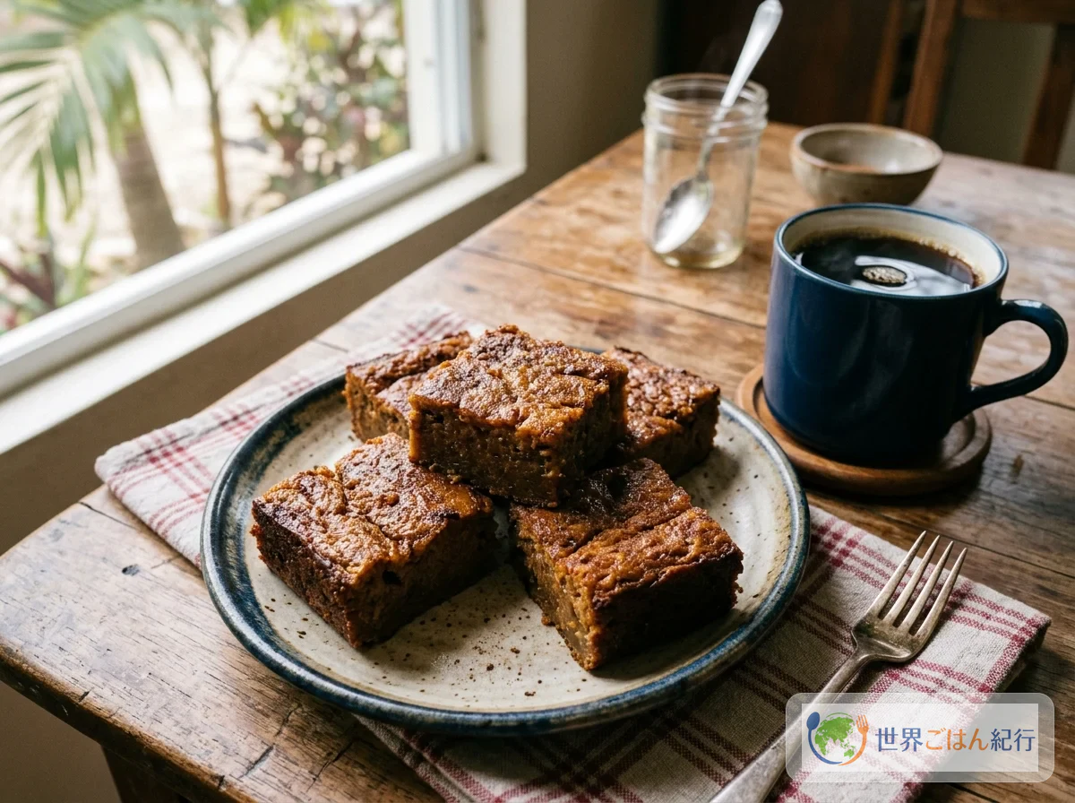 Pen patat cut into squares, with coffee