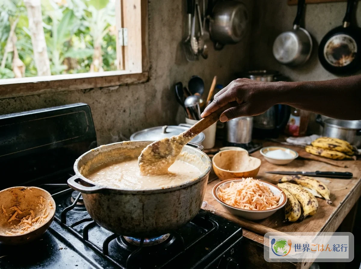 Making pen patat in a Haitian home kitchen, working the batter in a pot