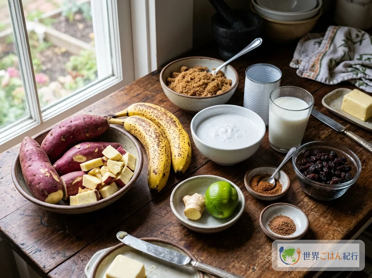 Ingredients for pen patat: sweet potato, ripe banana, coconut milk, cinnamon, nutmeg, raisins