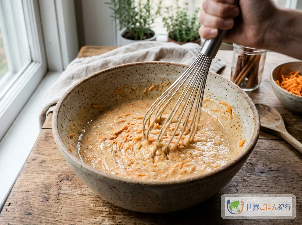 Mixing sweet potato, banana, coconut milk, and spices in a bowl