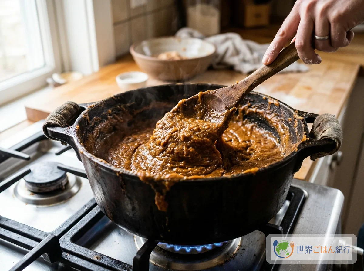 Cooking the sweet potato batter in a heavy pot, stirring constantly with a wooden spoon
