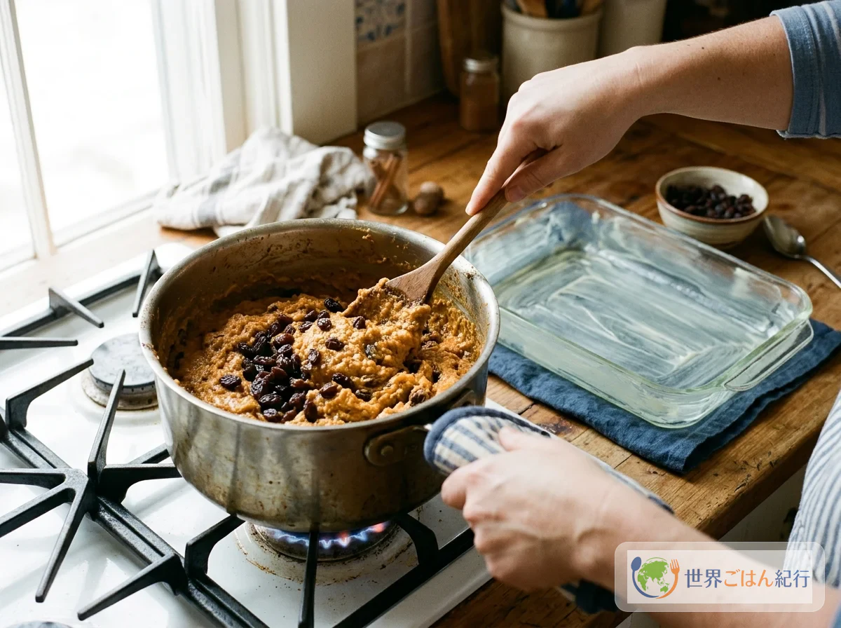Adding raisins to the cooked batter and mixing