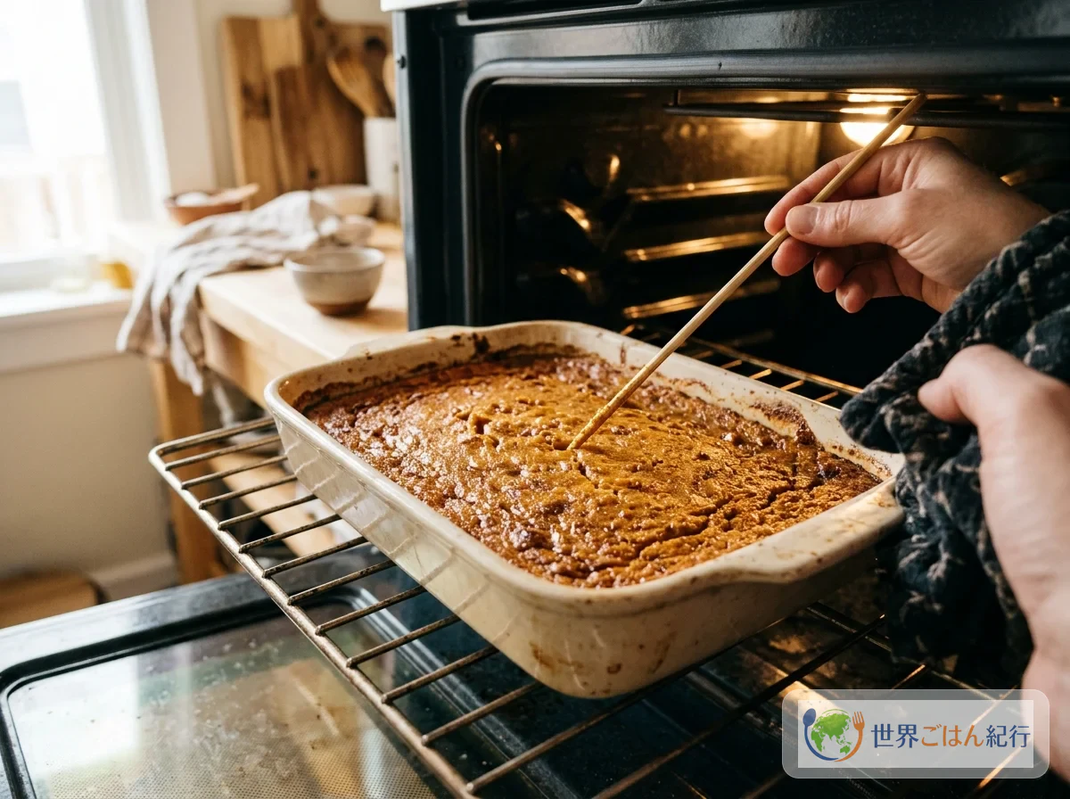 Leveling the batter in the baking dish and baking it in the oven