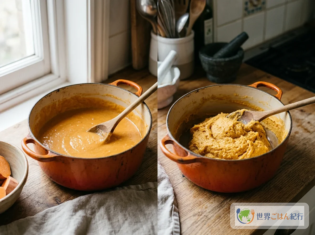 A batter cooked until it pulls away from the sides of the pot compared with an undercooked batter