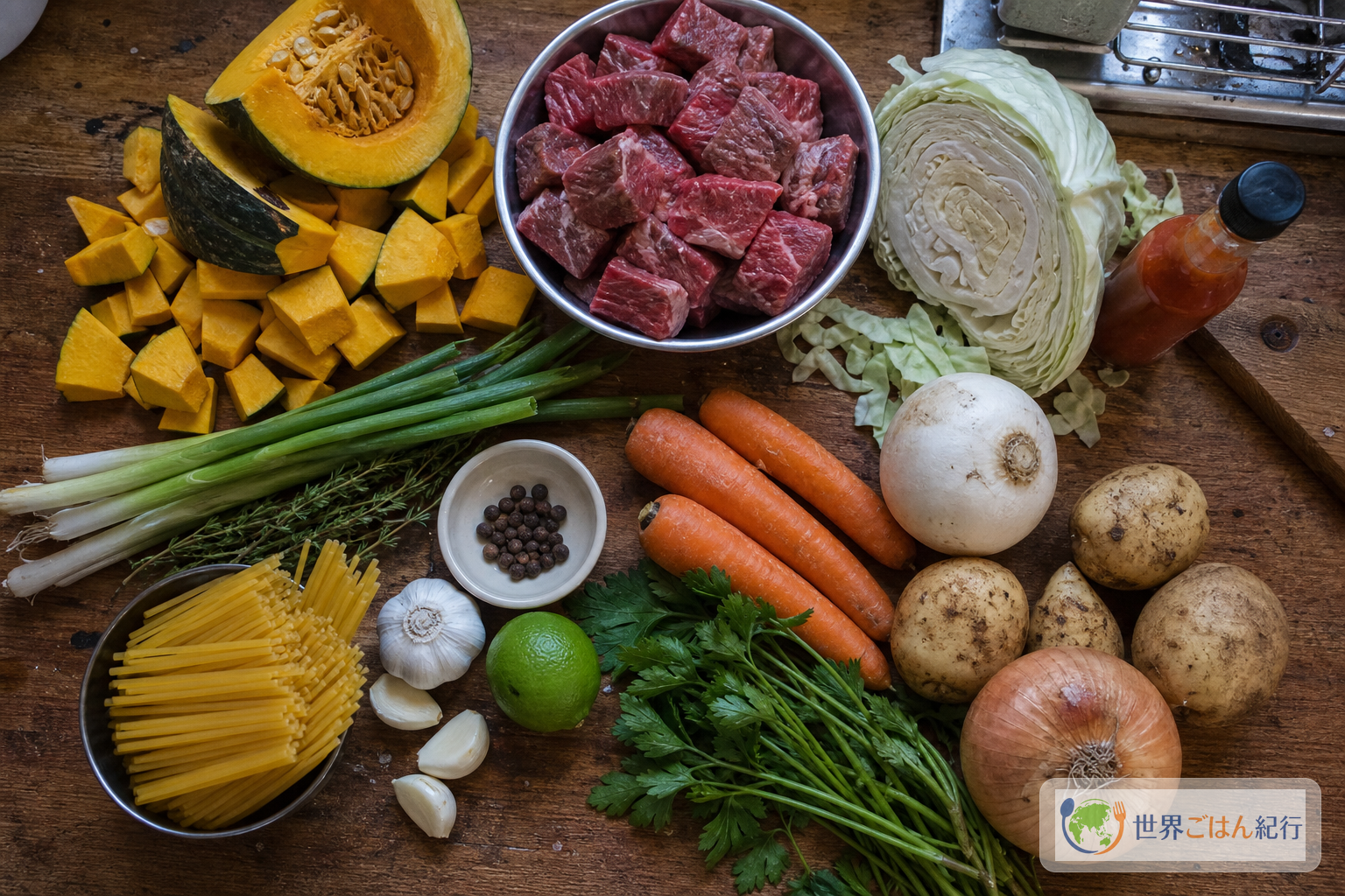 ジュームースープに使うかぼちゃ、牛肉、野菜、パスタ、香味野菜、スパイスを台所に並べた様子