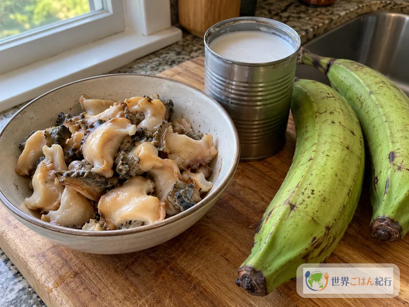 Shucked whelk meat, a can of coconut milk, and green plantain laid out