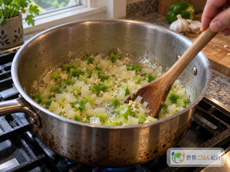 Sautéing garlic, onion, bell pepper, and celery in butter in a pot