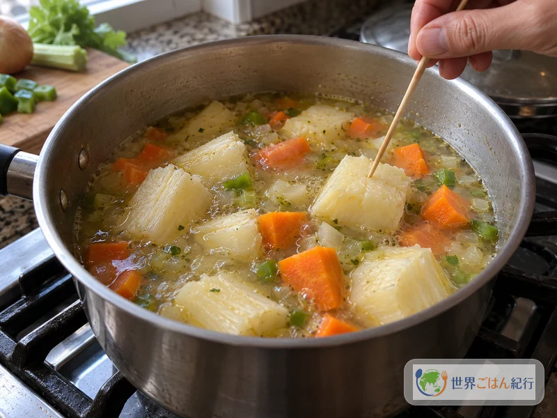 Simmering cassava and carrot in the stock