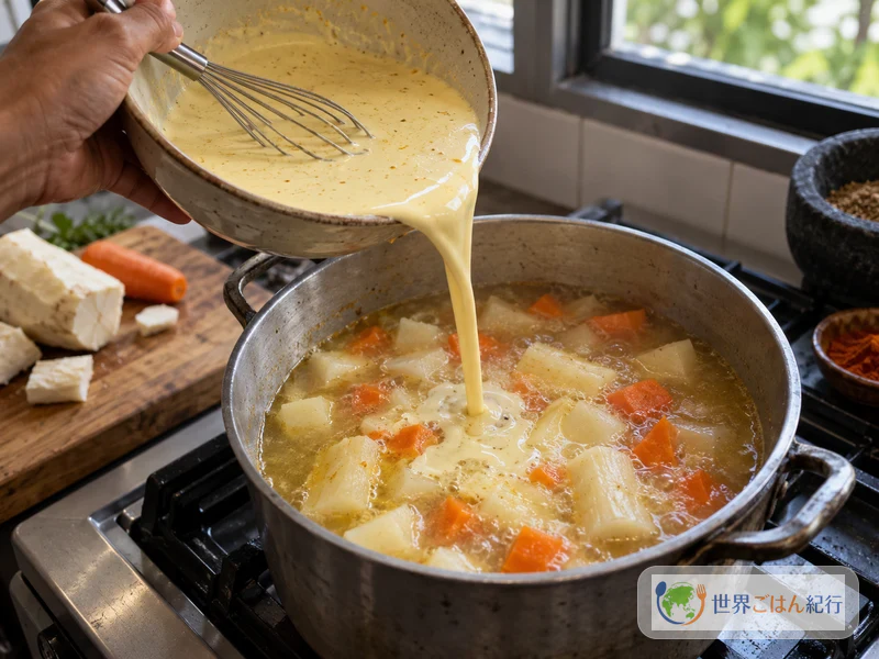 Dissolving flour and annatto in coconut milk and pouring it into the pot