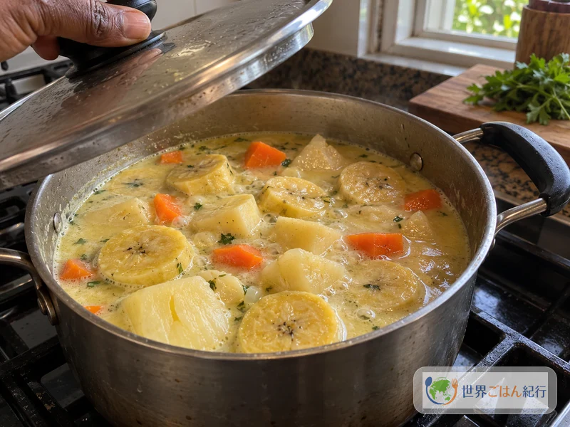 Adding green plantain to the coconut milk soup and simmering