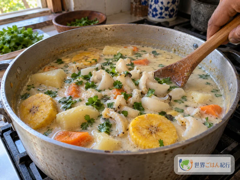 Adding whelk meat and cilantro to the soup and simmering briefly