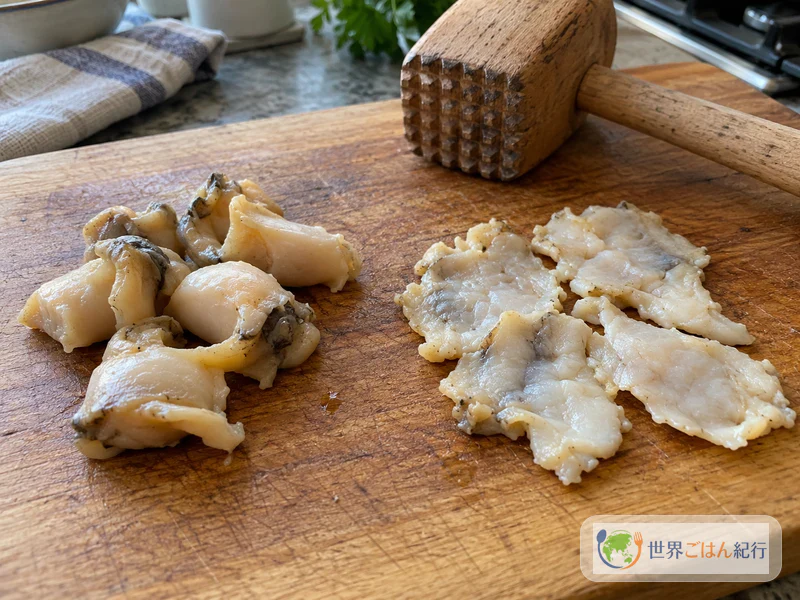 The difference in thickness between pounded and unpounded snail meat