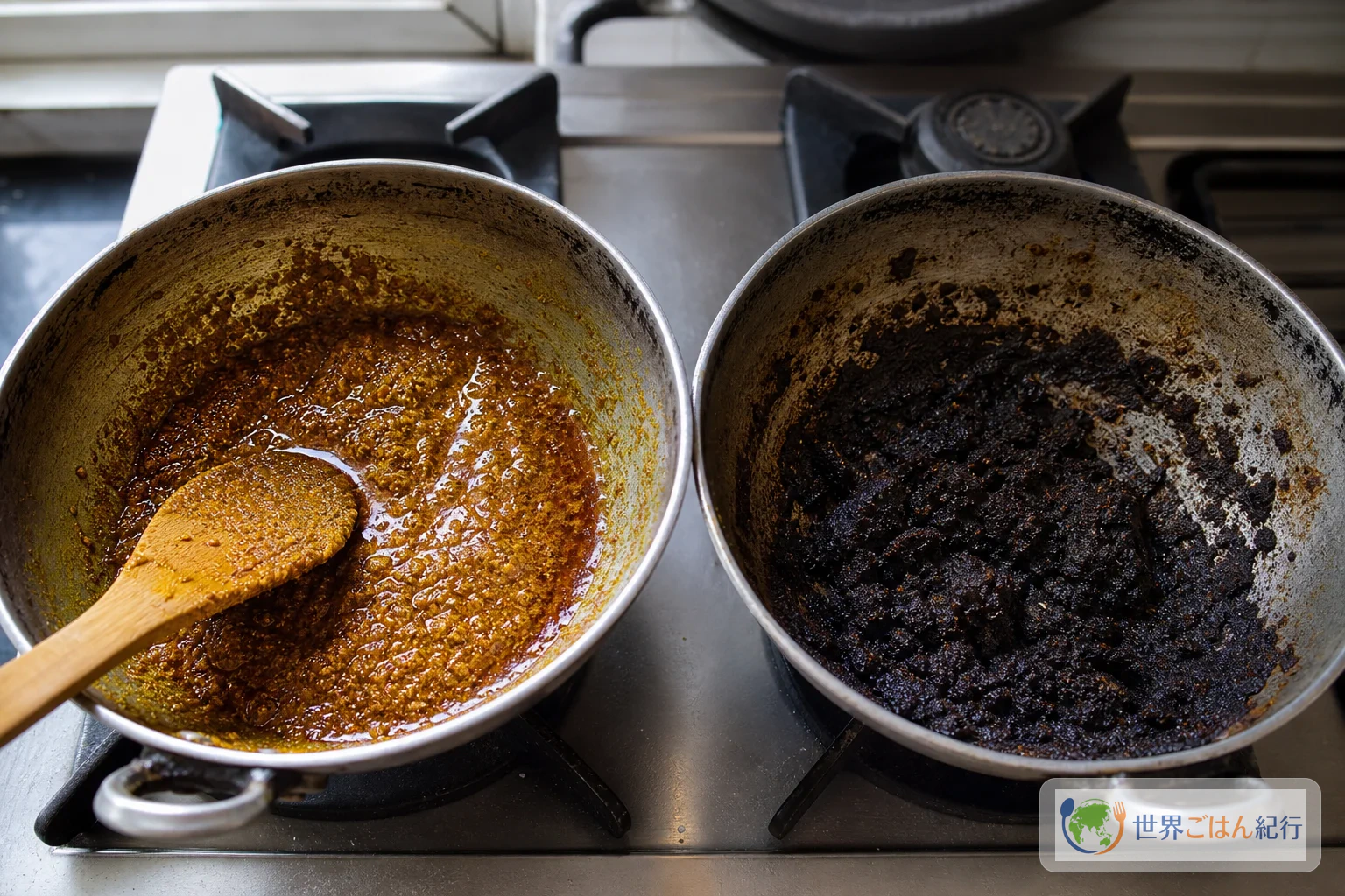 カレー粉を油で開いた鍋と、黒く焦がしてしまった鍋を並べた比較