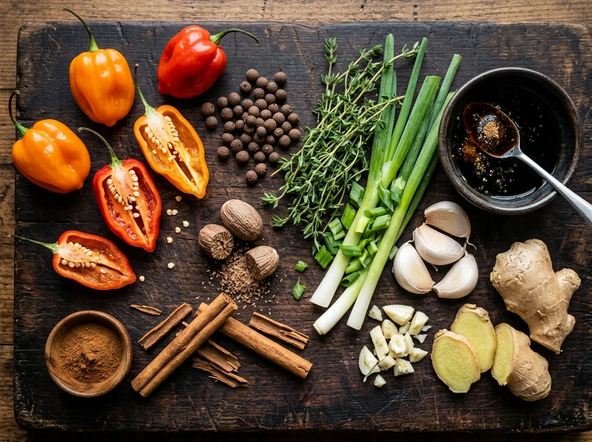 ジャークマリネの材料。スコッチボネット、オールスパイス、タイム、青ねぎ、にんにく、生姜が並ぶ
