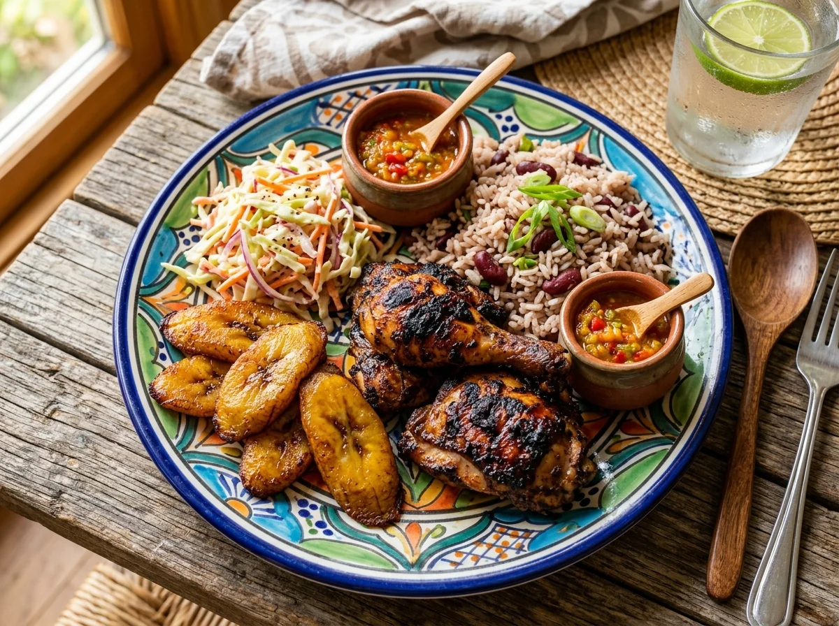 ジャマイカの定食プレート。ジャークチキンにライス&ピーズ、フライドプランテン、コールスローが添えられている