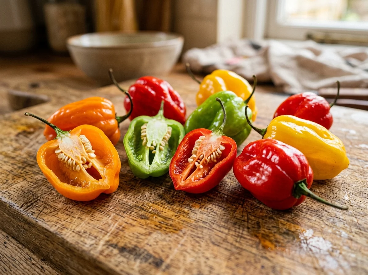 色とりどりのスコッチボネットペッパー。黄色、オレンジ、赤、緑の実がまな板に並ぶ