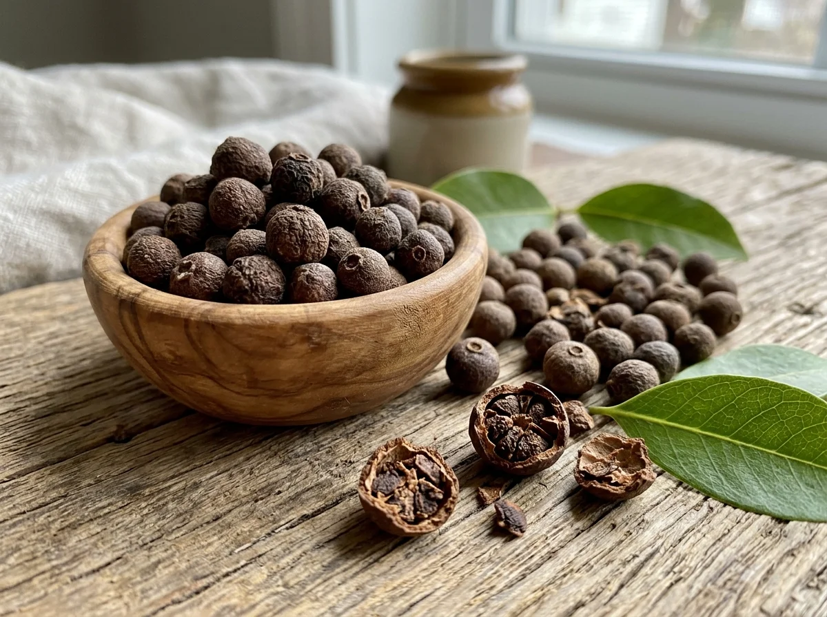 オールスパイス（ピメント）の実が小さな木製ボウルに入っている