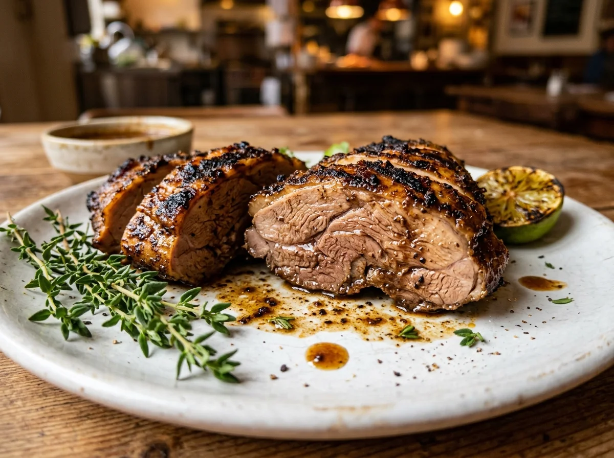 ジャークチキンの断面。スパイスが深く浸透した肉がジューシーに焼き上がっている
