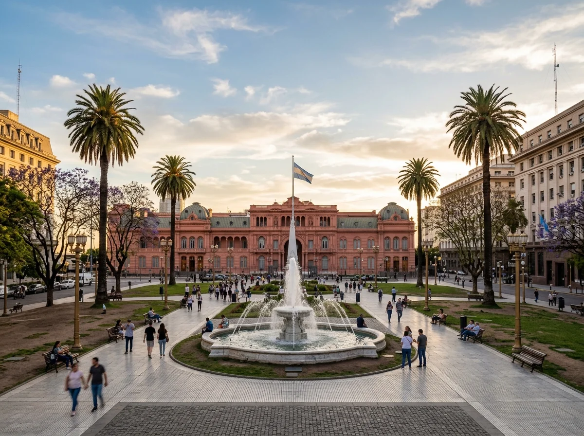 ブエノスアイレスの五月広場。歴史的建造物と空が広がる都市の風景