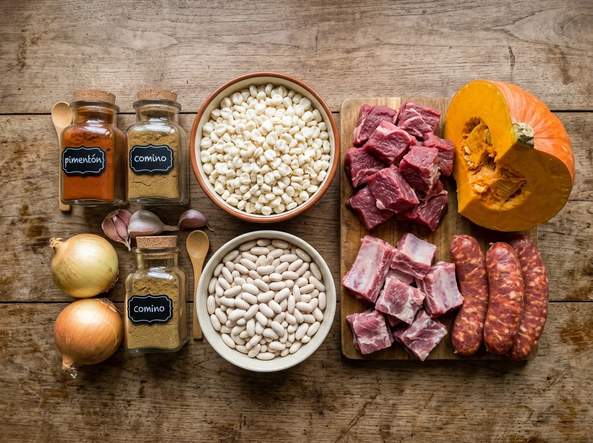 ロクロの材料。白とうもろこし、カボチャ、白いんげん豆、牛肉、チョリソ、スパイスが並んでいる