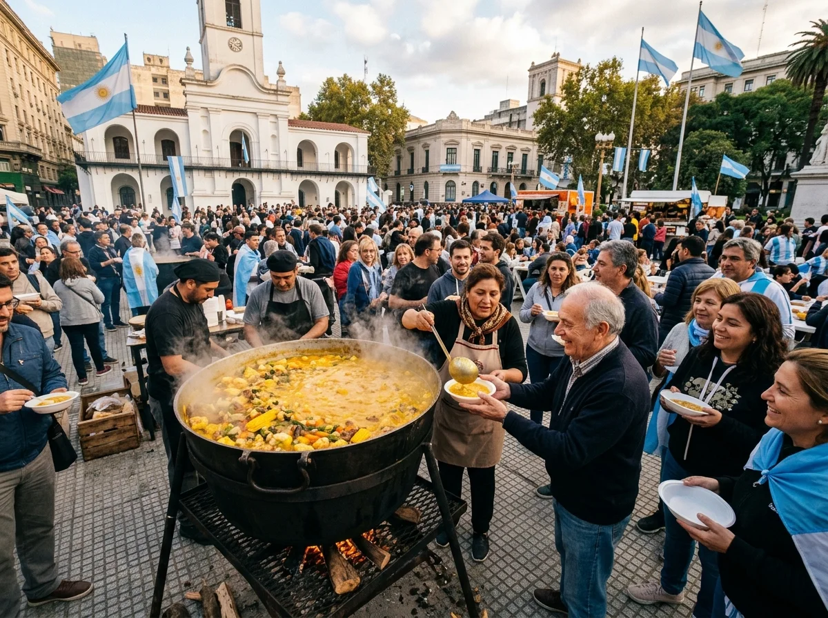 アルゼンチンの5月25日の広場でロクロの大鍋が炊き出されている様子