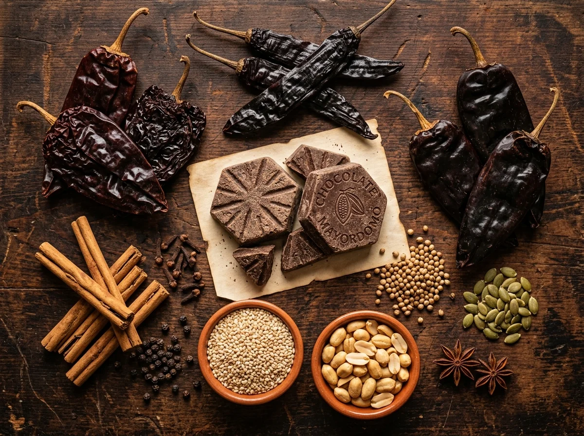 モレ・ポブラノに使う材料。乾燥チリ、チョコレート、ナッツ、スパイスの数々