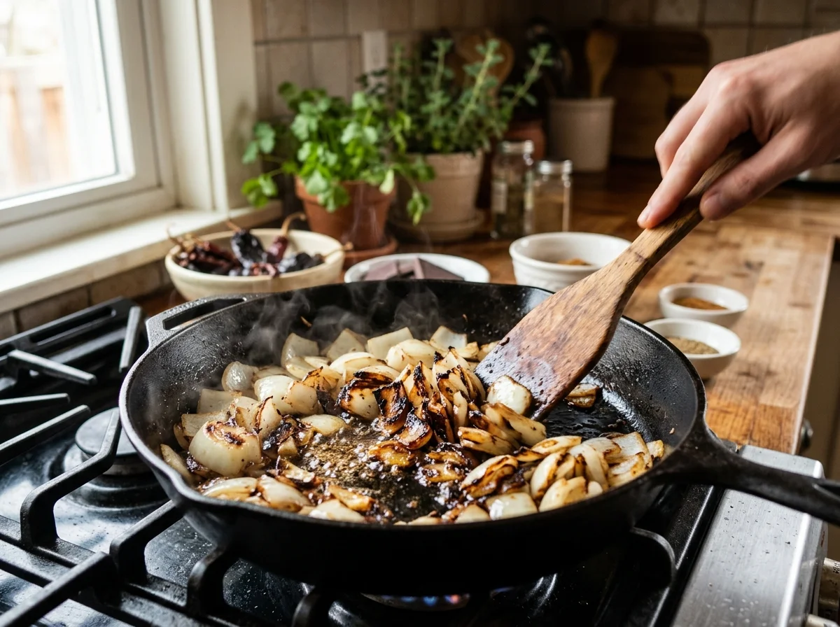 モレ・ポブラノ|メキシコの濃厚チョコレートソースの調理工程。1. フライパンにサラダ油大さじ1を追加する 2. 玉ねぎのざく切りを入れ、端が焦げるまで5分炒める