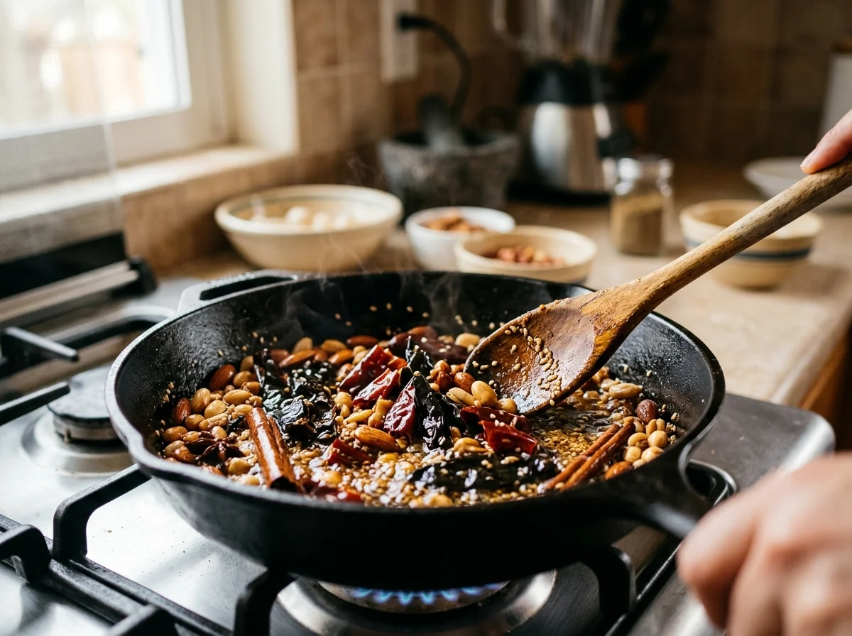 モレ・ポブラノ|メキシコの濃厚チョコレートソースの調理工程。1. 戻したチリ(汁を切る)をブレンダーに入れる 2. 炒めたナッツ・スパイス類を加える