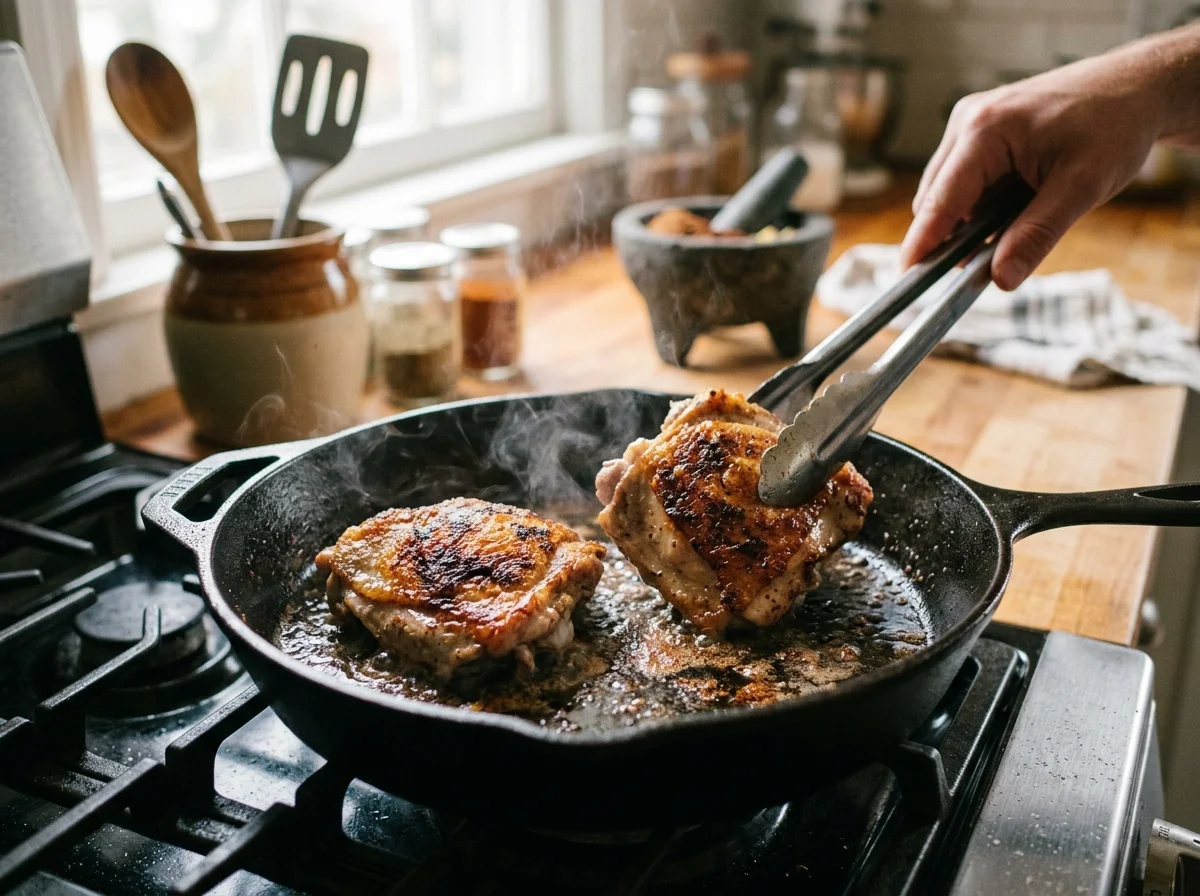 モレ・ポブラノ|メキシコの濃厚チョコレートソースの調理工程。**方法A(煮込む):** 生の鶏もも肉をソースに入れ、蓋をして弱火で25分煮る。最も簡単で味が染みる方法です。 **方