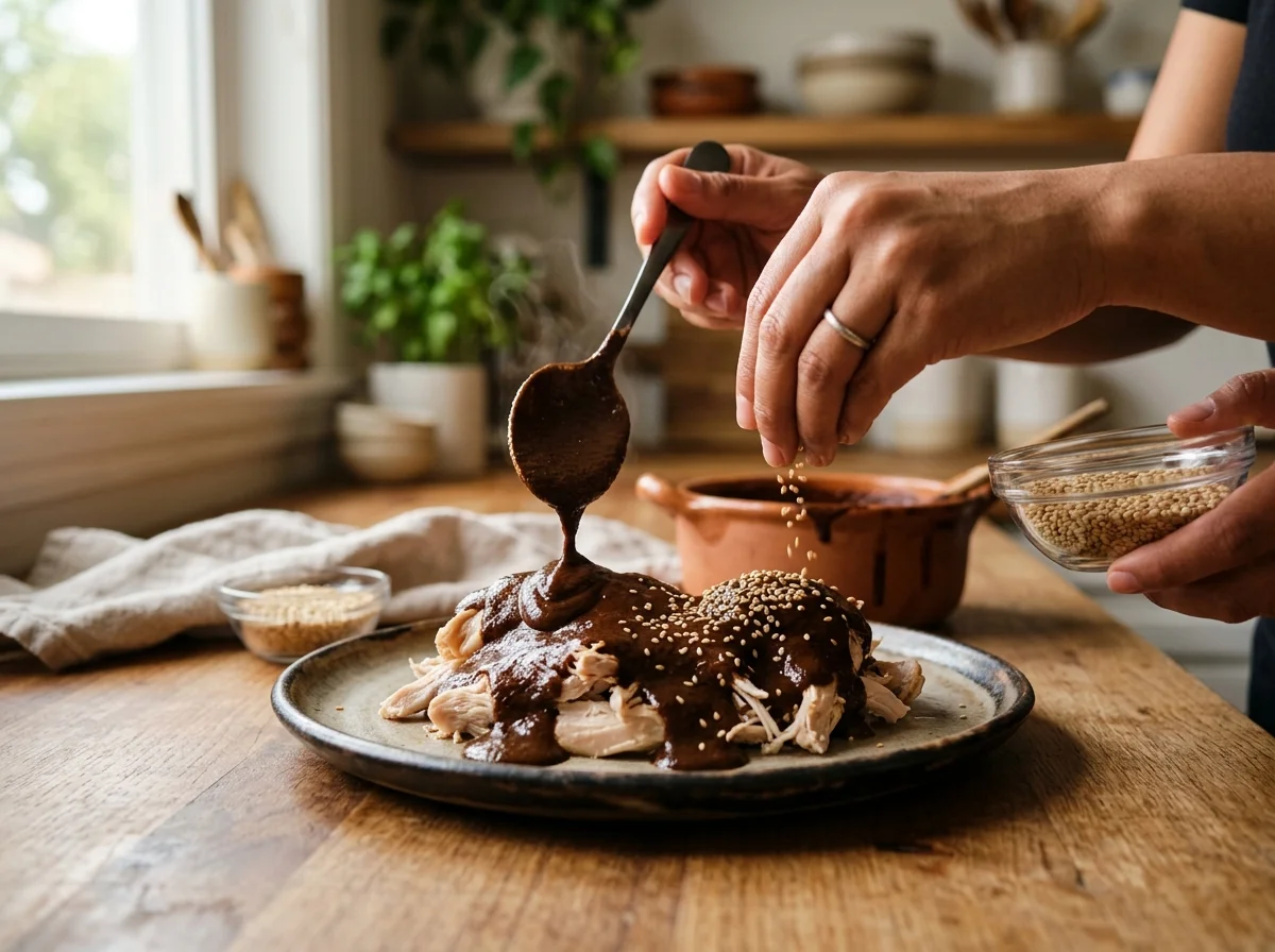 モレ・ポブラノ|メキシコの濃厚チョコレートソースの調理工程。1. 鶏肉を皿に盛り、モレソースをたっぷりかける 2. 白ゴマを振りかける