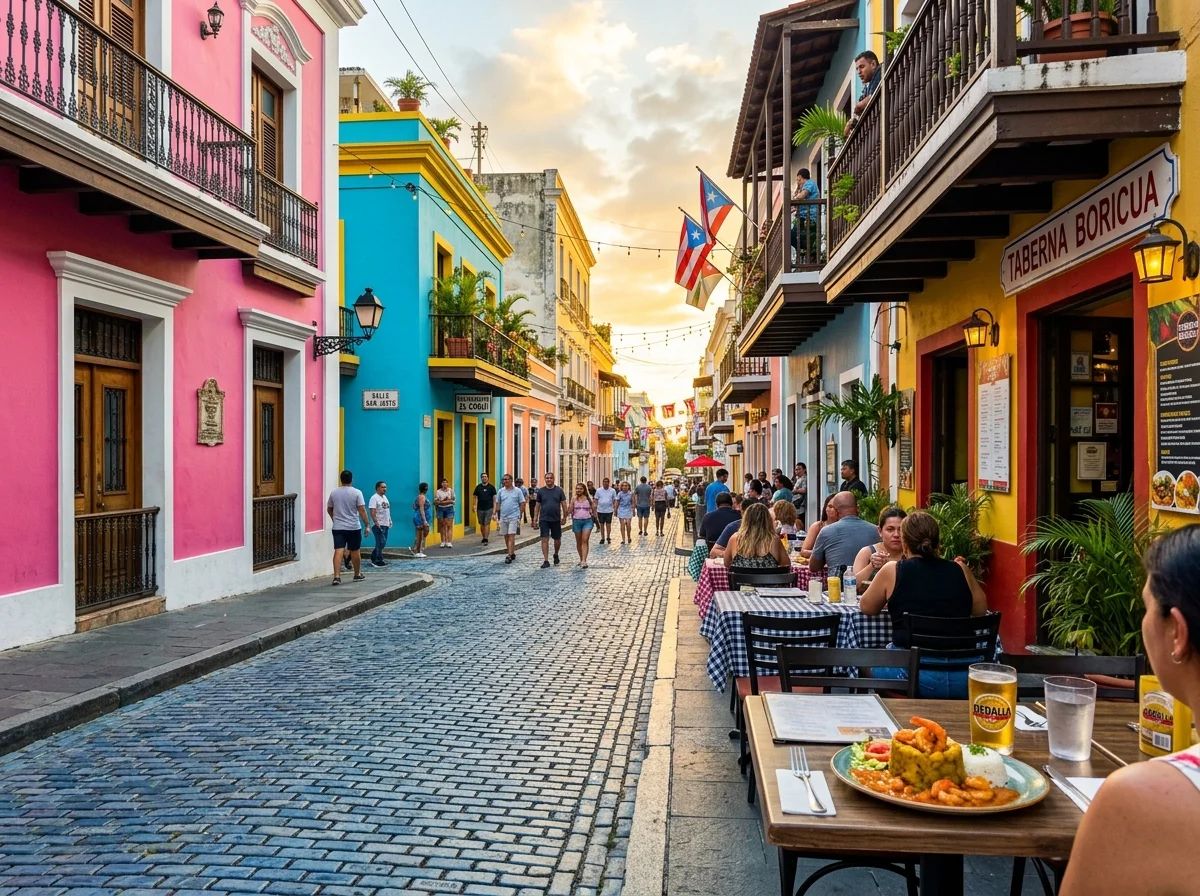 プエルトリコの旧市街サンフアン。カラフルな建物が並ぶ通り