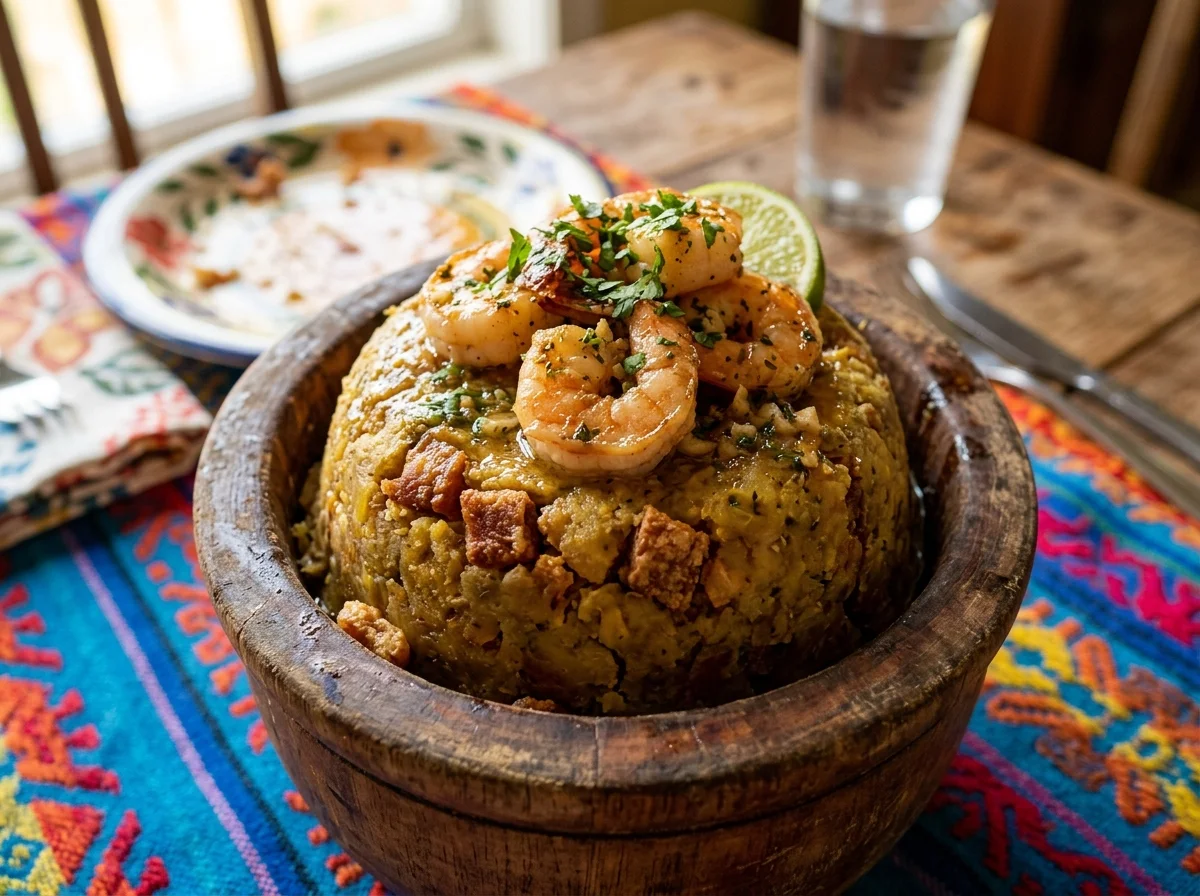 プエルトリコの国民食モフォンゴ。揚げたグリーンプランテンをドーム型に成形し、エビのにんにくソースをかけた一皿