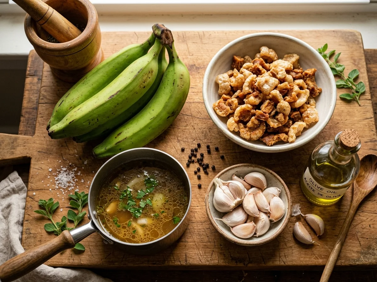 モフォンゴの主要食材。グリーンプランテン、にんにく、チチャロン、オリーブオイルが並ぶ