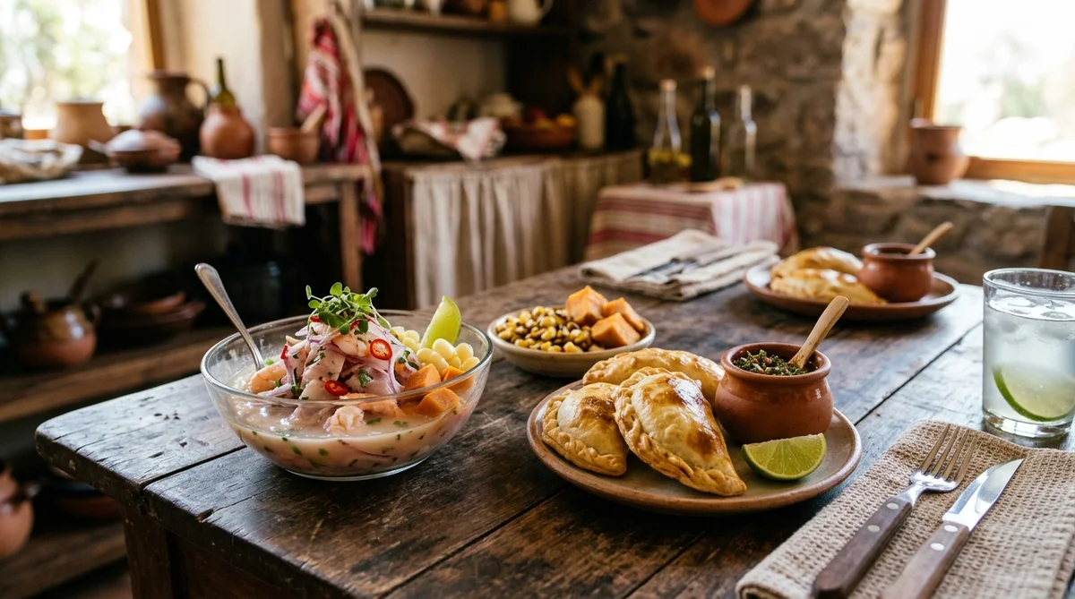 カラフルな南米料理の盛り合わせ。セビーチェ・エンパナーダ・フェイジョアーダなど各国の料理が並ぶ