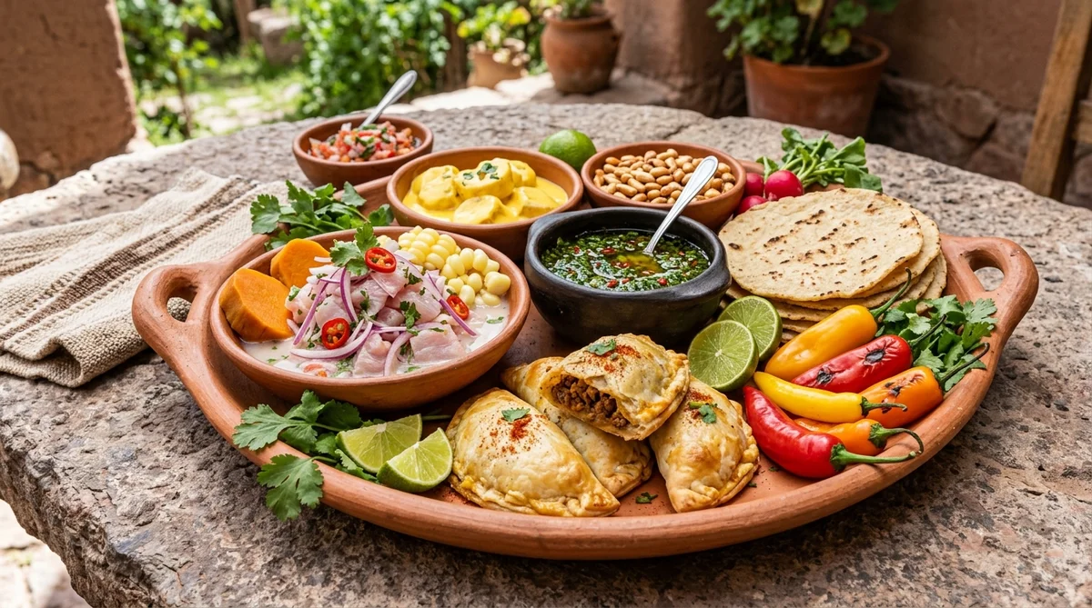 南米料理の定番。セビーチェ・エンパナーダ・チミチュリソース・トルティーヤが並ぶ食卓