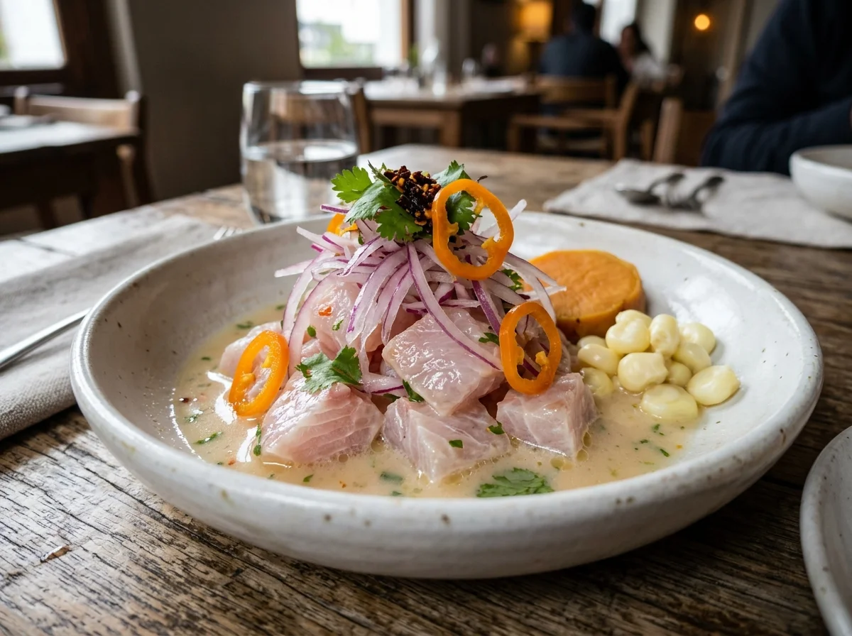 ペルー・リマのレストランで提供される現代的なセビーチェ。透明なタイガーミルクと鮮やかなアヒ・アマリージョが特徴的