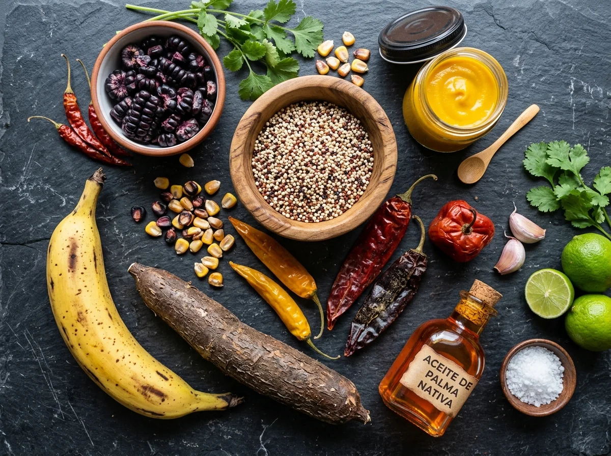 南米料理の基本食材。キヌア・アヒ・アマリージョ・デンデ油・プランテンなど多様な食材が並ぶ