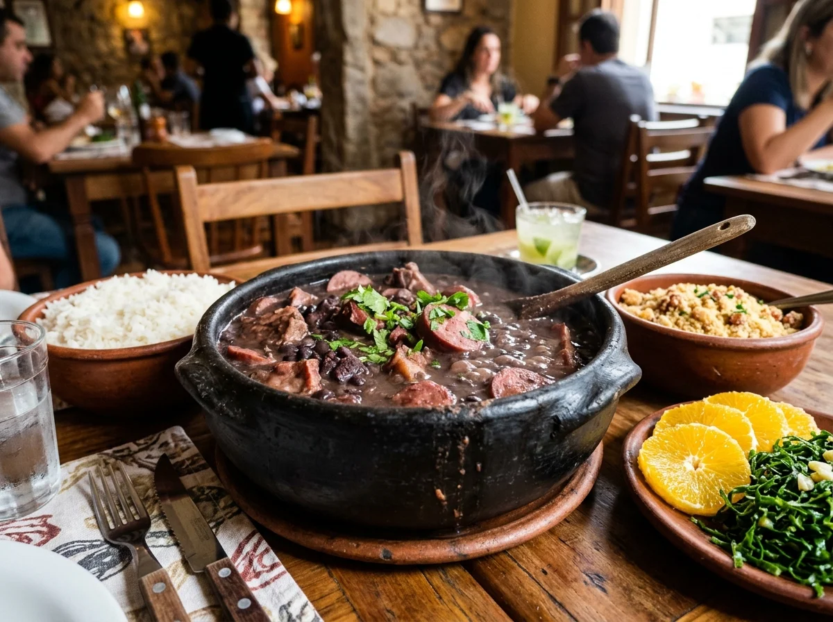 フェイジョアーダ。黒豆と豚肉の煮込みに白米・ファロッファ・オレンジスライスを添えたブラジルの定番ランチ