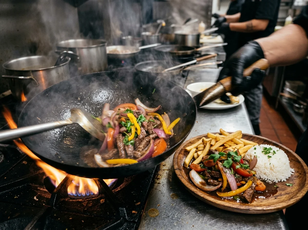 ロモ・サルタード。牛肉と野菜の炒め物にフライドポテトと白米を添えたペルーの定番家庭料理