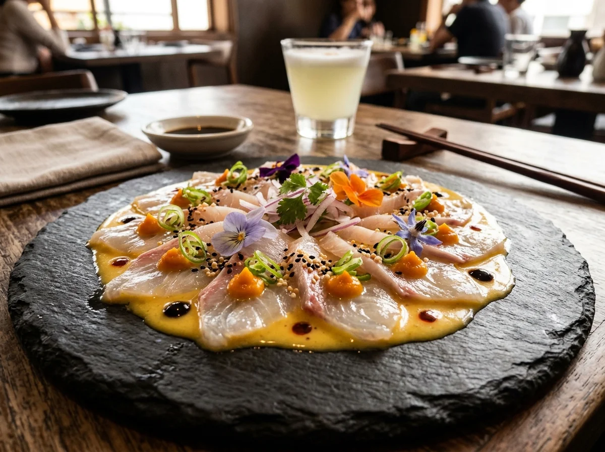 ニッケイ料理を代表するティラジノ(白身魚の刺身とセビーチェの中間)。日本の切り方とペルーの調味料が融合した一皿