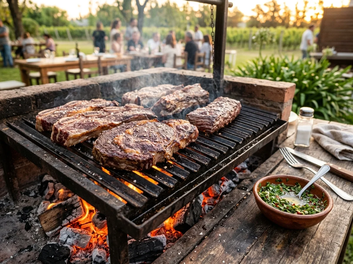 アルゼンチンのアサード。パリージャの上で焼かれる牛肉