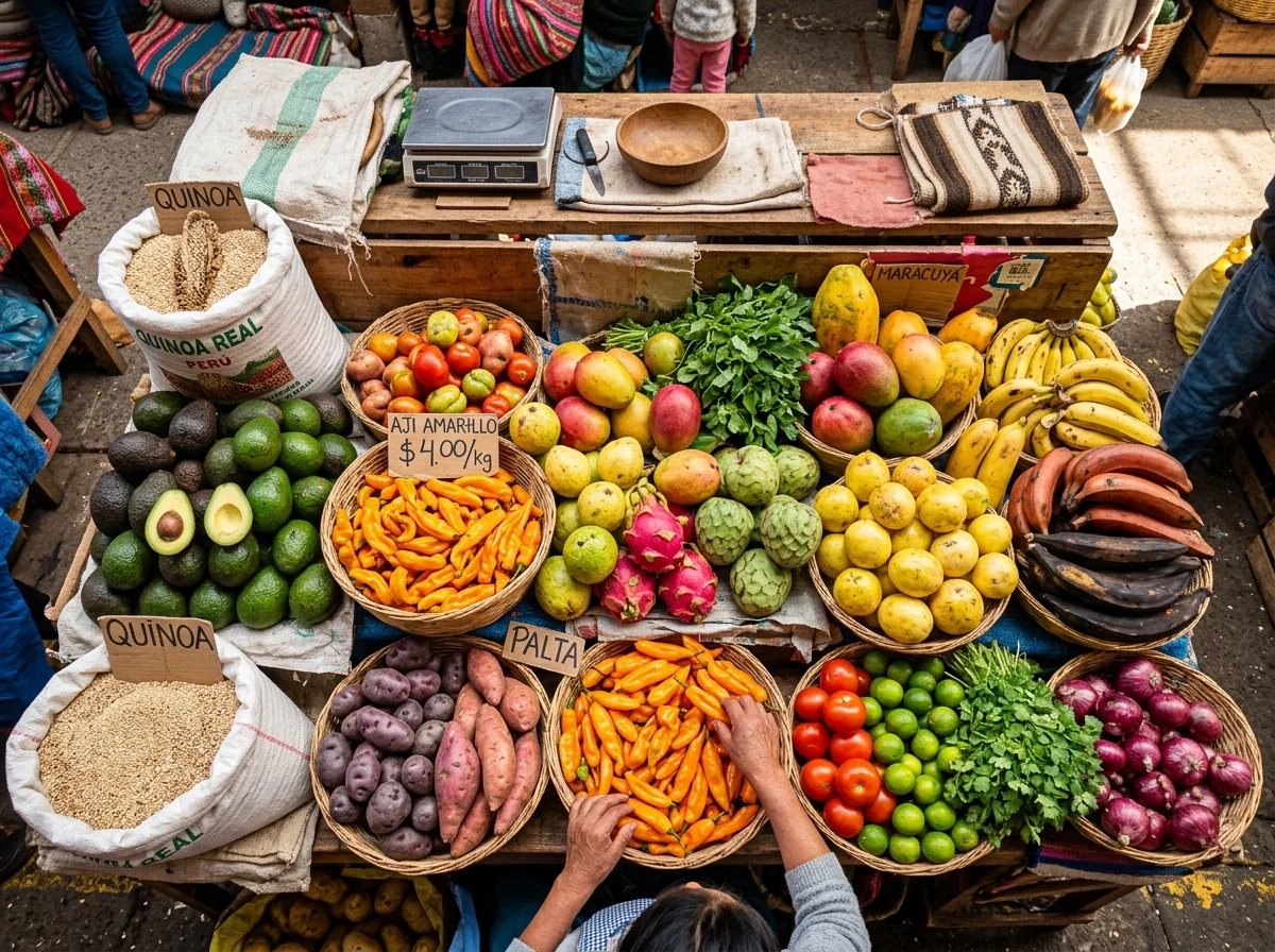 南米の市場に並ぶ色鮮やかな食材。トロピカルフルーツ、キヌア、アヒ・アマリージョなど
